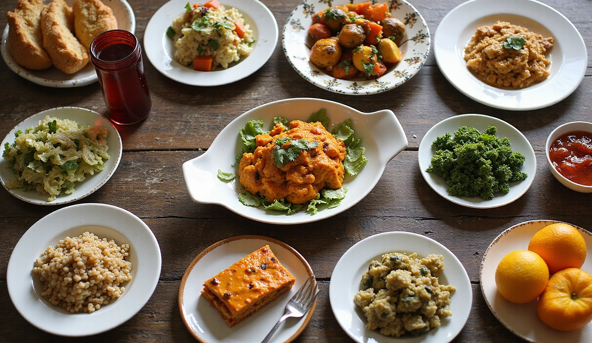 Verschiedene pflanzliche Gerichte auf einem Esstisch
