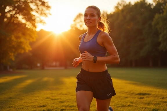 Eine Frau joggt energiegeladen durch einen Park bei Sonnenaufgang.