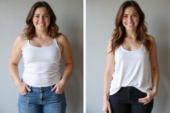 Vorher-Nachher-Bild einer Frau, die erfolgreich abgenommen hat und strahlt.