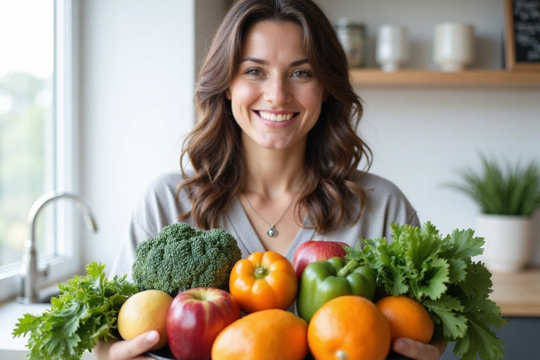 Eine lächelnde Frau, die frisches Obst und Gemüse hält, symbolisiert gesunde Ernährung und Wohlbefinden.