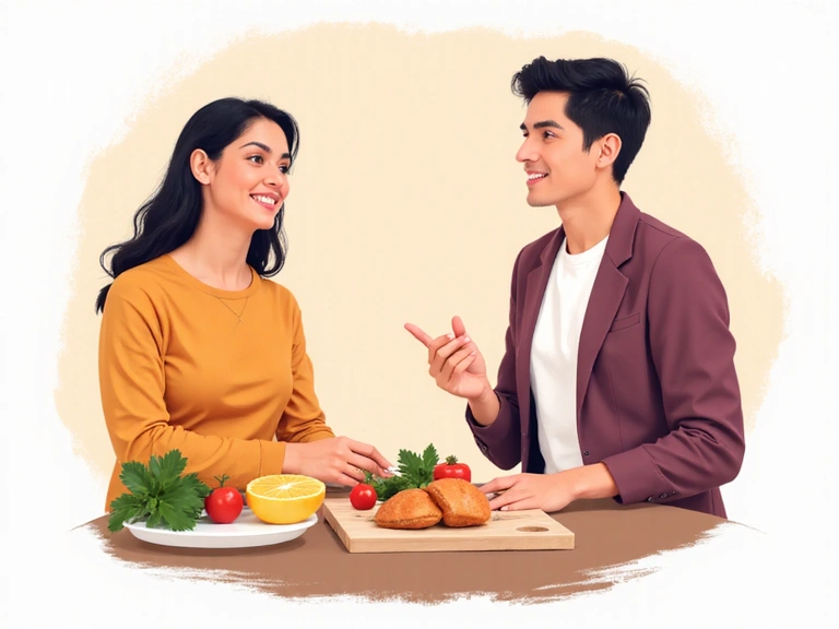 Stylisierte Illustration einer Person, die sich mit einem Ernährungsberater berät, Fokus auf Interaktion und Gesundheit.