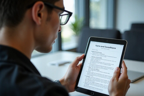 Person liest Nutzungsbedingungen auf einem Tablet